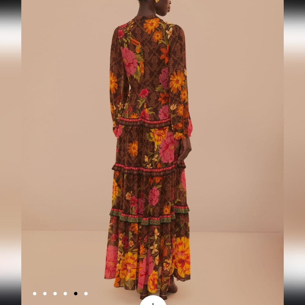 FARM Rio Brown Maxi Dress with Pink & Yellow Floral Print - Picture 2 of 5